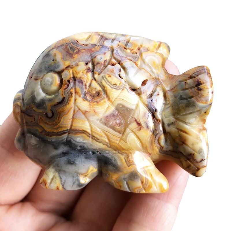 Fekuar Hand Carved Crazy Agate Fish Figurine, Healing Crystal Animal Statue Pocket Stone Reiki Home Decoration Fengshui Sculpture 2 Inches - Image 1